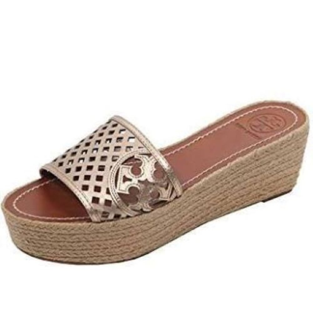 Tory Burch Metallic Rose Gold Wedge Espadrille Slide Sandals
